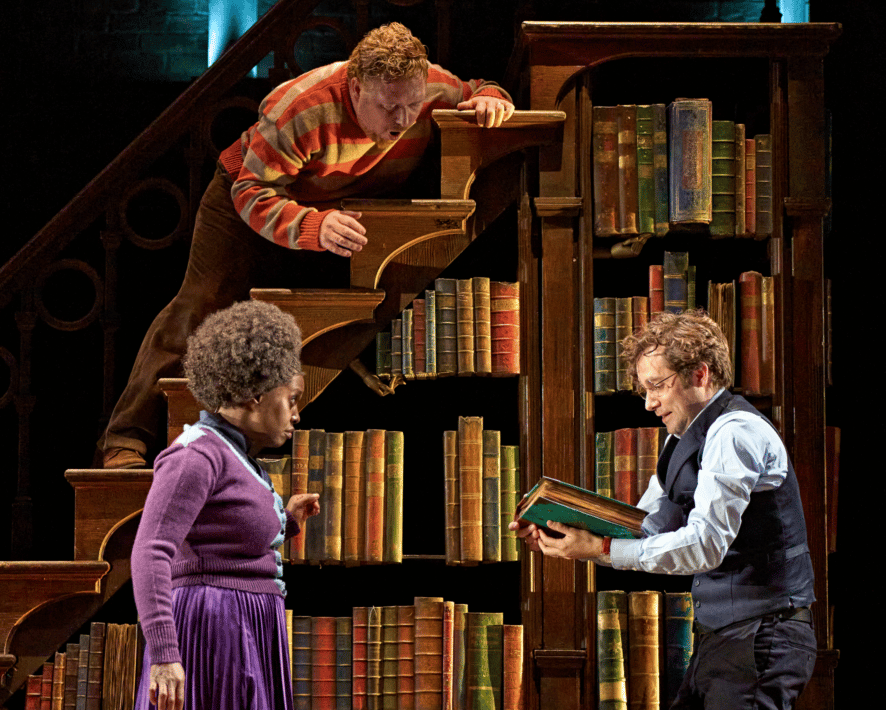 Harry (right) reads a book. Ron (top left) sits on top of a staircase-bookcase. Hermione (bottom left).